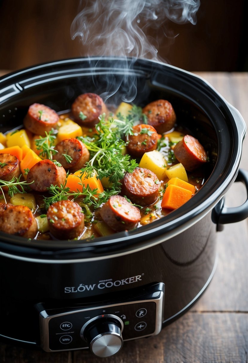 A slow cooker filled with sizzling savory herbs sausage and vegetables, emitting a mouthwatering aroma