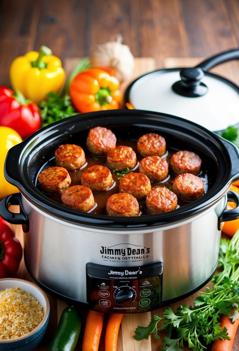 A slow cooker filled with sizzling Jimmy Dean's Signature Taste breakfast sausage surrounded by colorful vegetables and herbs