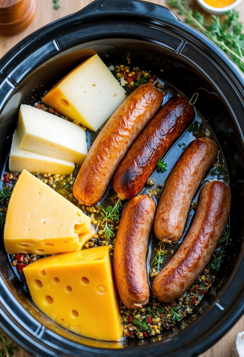 A colorful array of three types of cheese and savory breakfast sausages sizzling in a slow cooker, surrounded by aromatic herbs and spices