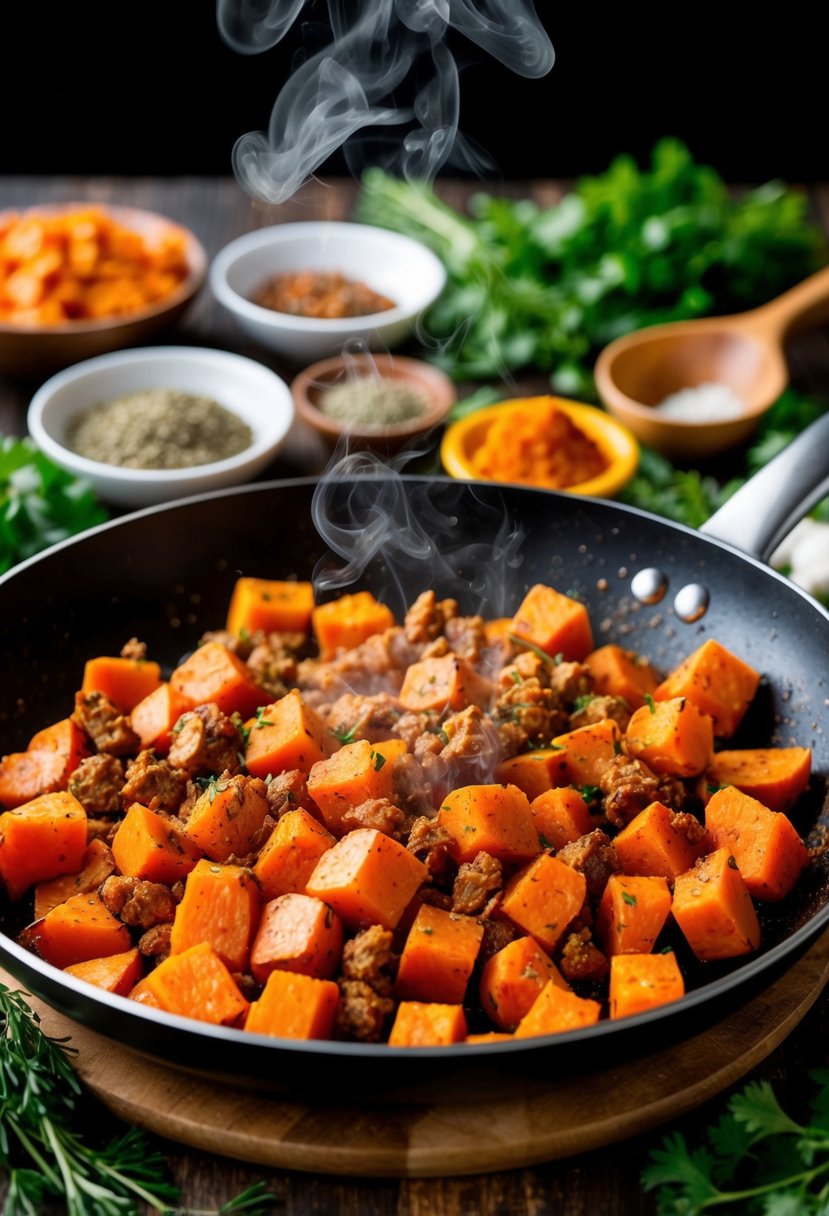 A sizzling skillet of diced sweet potatoes and seasoned meat, steam rising, surrounded by a colorful array of fresh herbs and spices