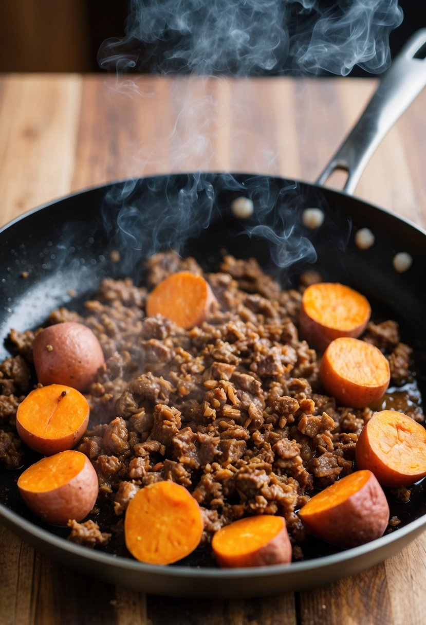 A sizzling skillet with ground beef and sweet potatoes cooking together, emitting a mouthwatering aroma