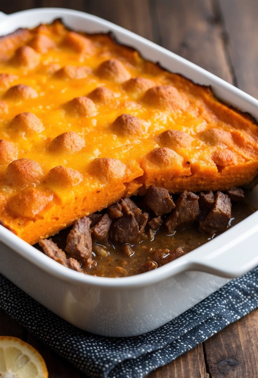 A bubbling casserole dish filled with layers of tender sweet potatoes, savory beef, and a golden cheesy crust on top