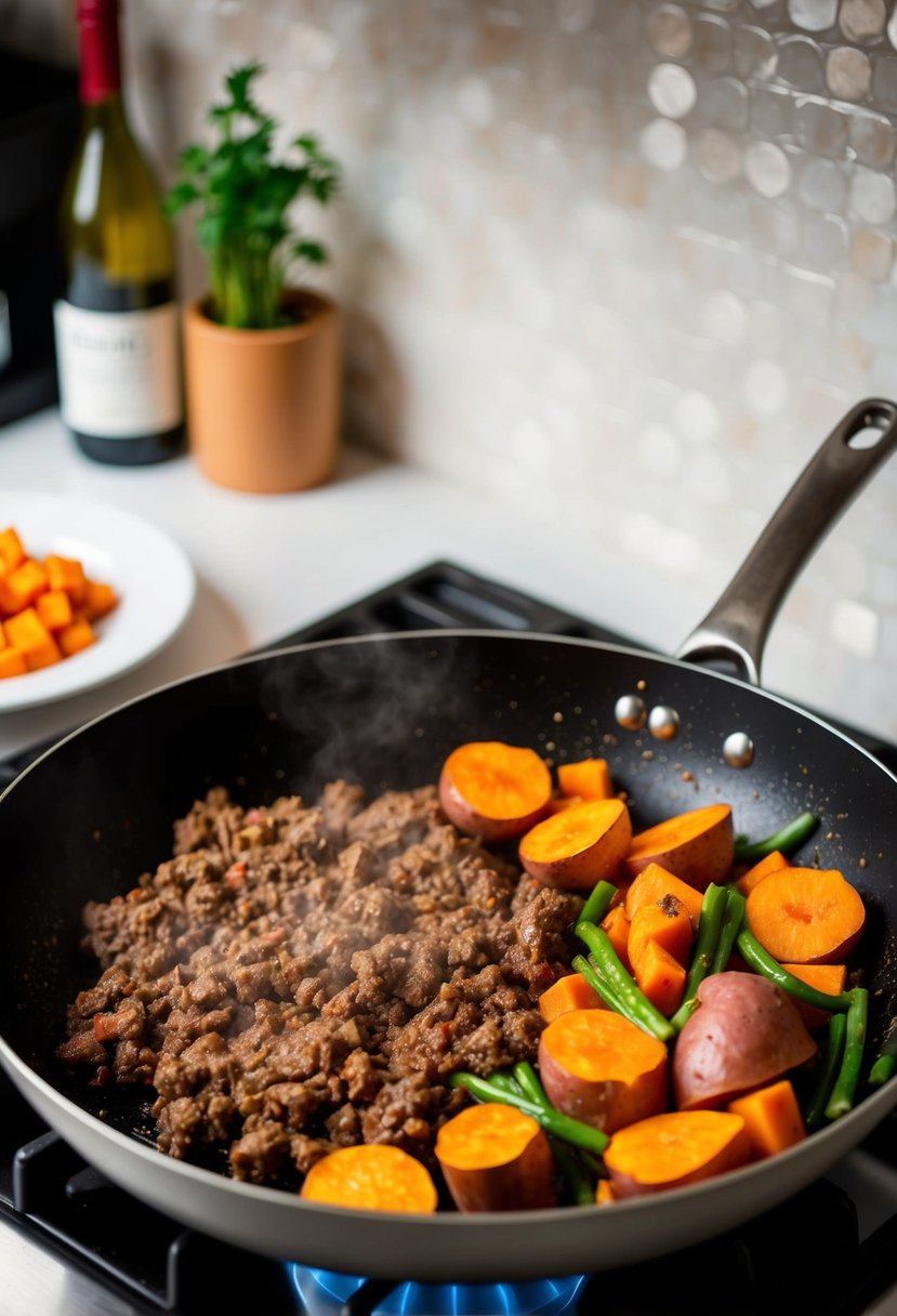 A sizzling skillet with ground beef, sweet potatoes, and colorful vegetables cooking together over a hot stove