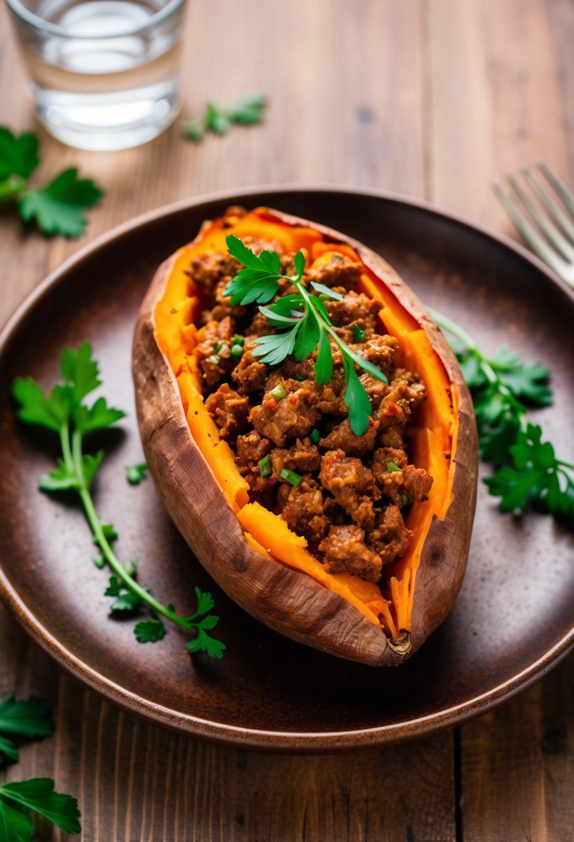 A baked sweet potato topped with spiced ground beef and garnished with fresh herbs on a rustic wooden plate