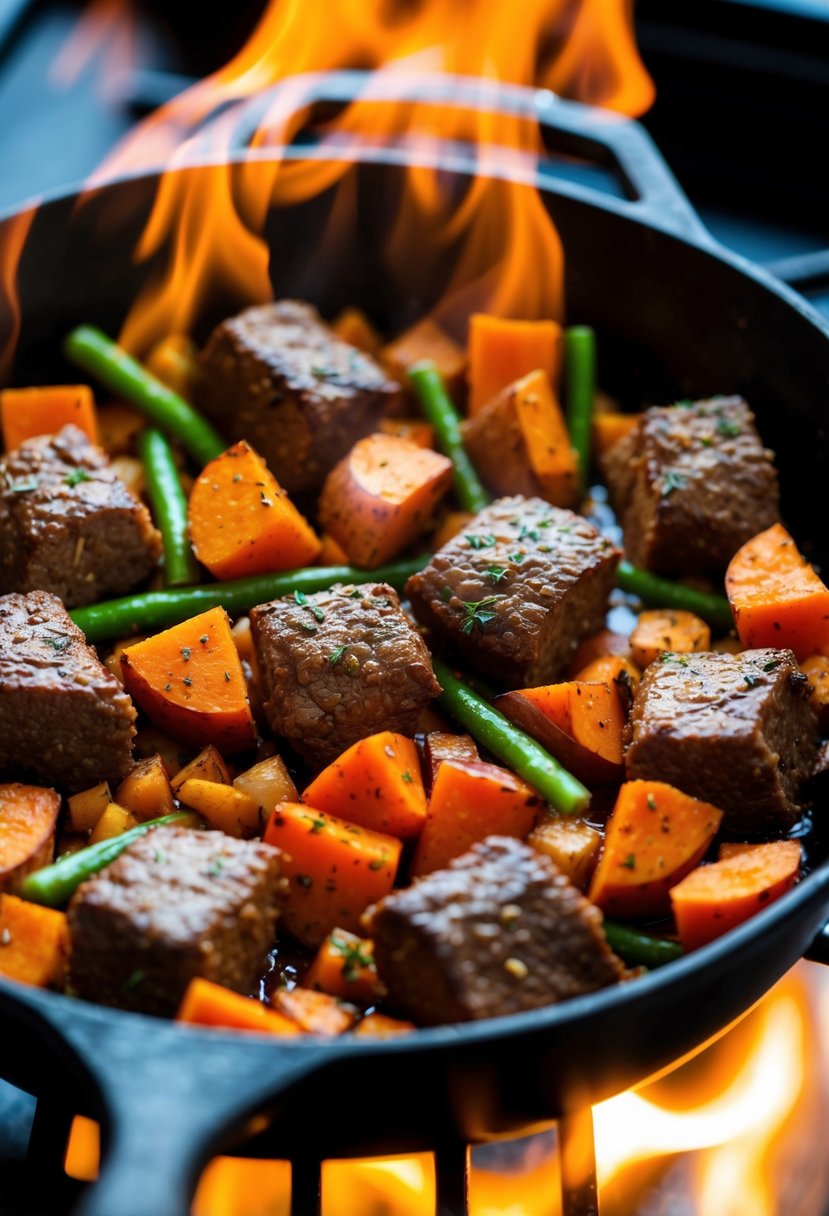 A sizzling skillet holds chunks of seasoned beef, sweet potatoes, and colorful vegetables cooking together over a hot flame