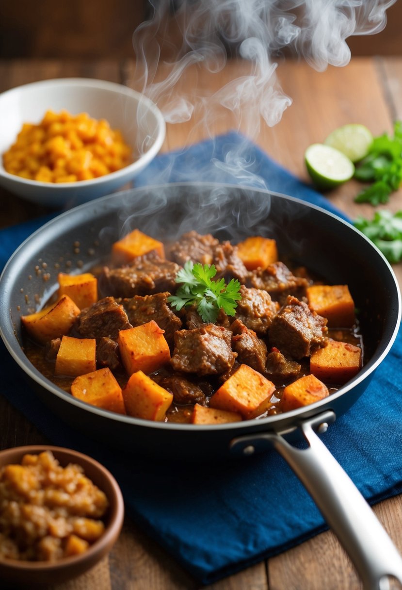 A sizzling pan of spicy beef and sweet potato bake, with steam rising and vibrant colors