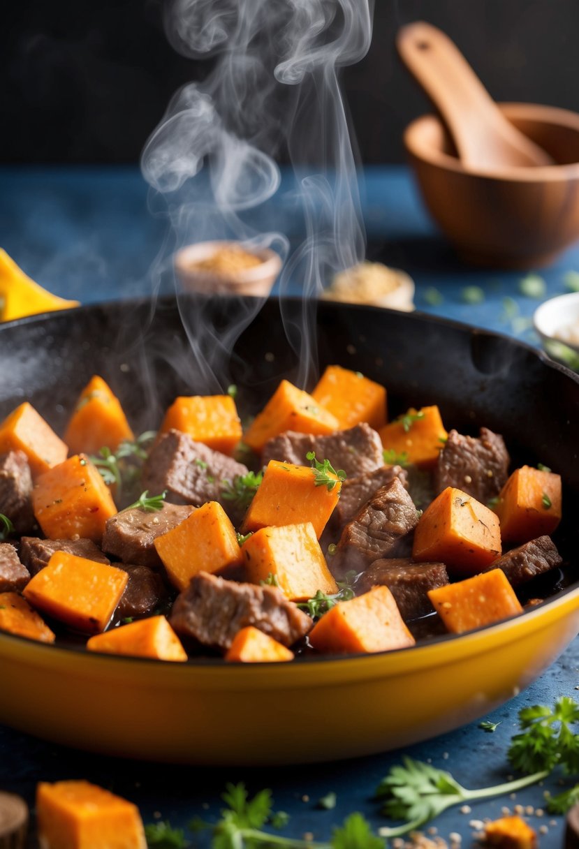 A sizzling skillet with chunks of sweet potato and beef, steam rising, surrounded by colorful herbs and spices