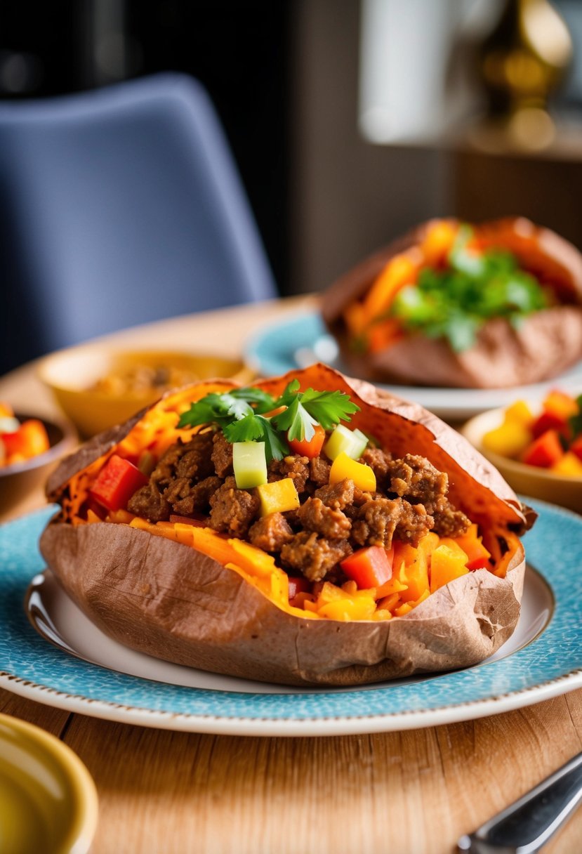 A table set with a baked sweet potato split open and filled with seasoned ground beef and colorful mixed vegetables