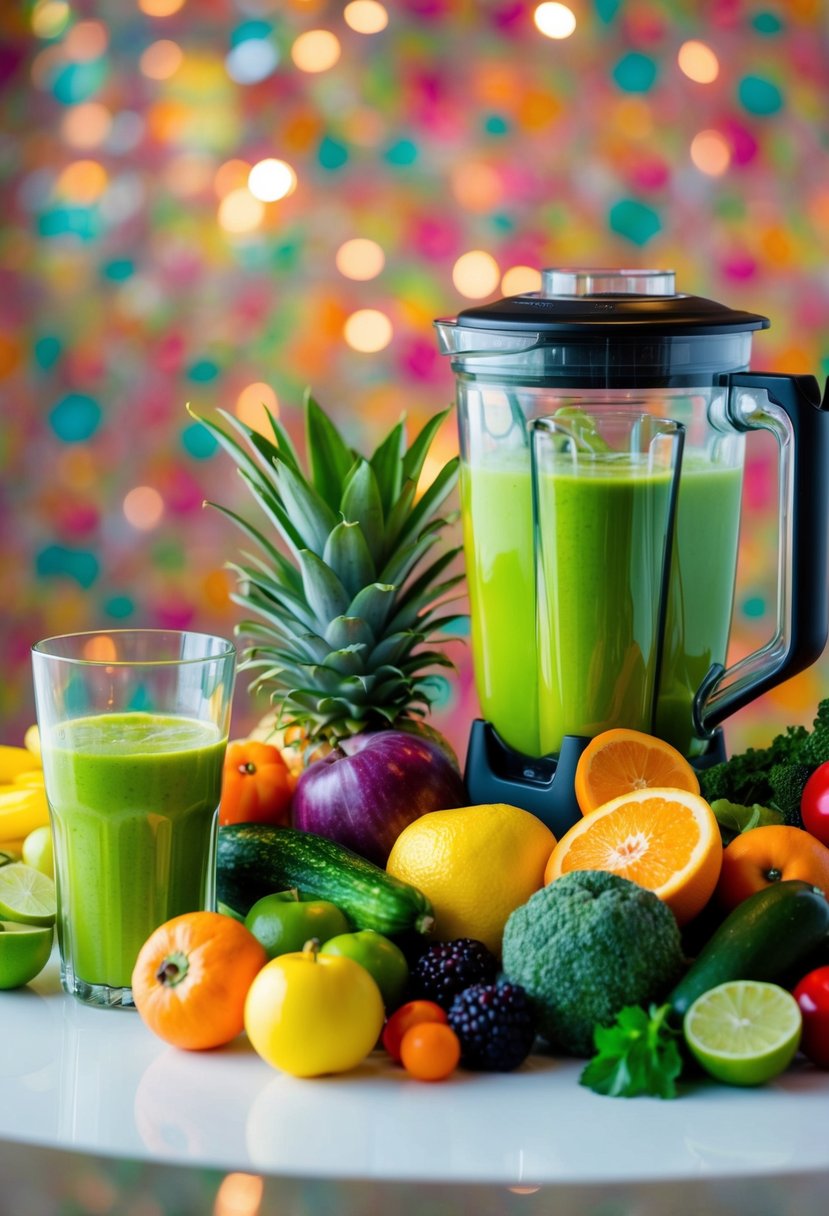 A colorful array of fresh fruits and vegetables, a blender, and a glass filled with vibrant green liquid