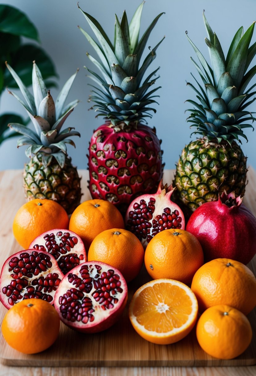 A vibrant assortment of pomegranates, oranges, and pineapples arranged on a wooden cutting board, ready to be juiced for an energy-boosting drink