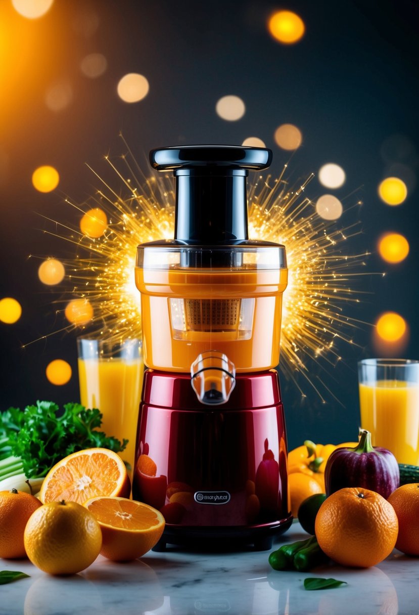 A vibrant orange juicer surrounded by fresh fruits and vegetables, emitting a glowing energy