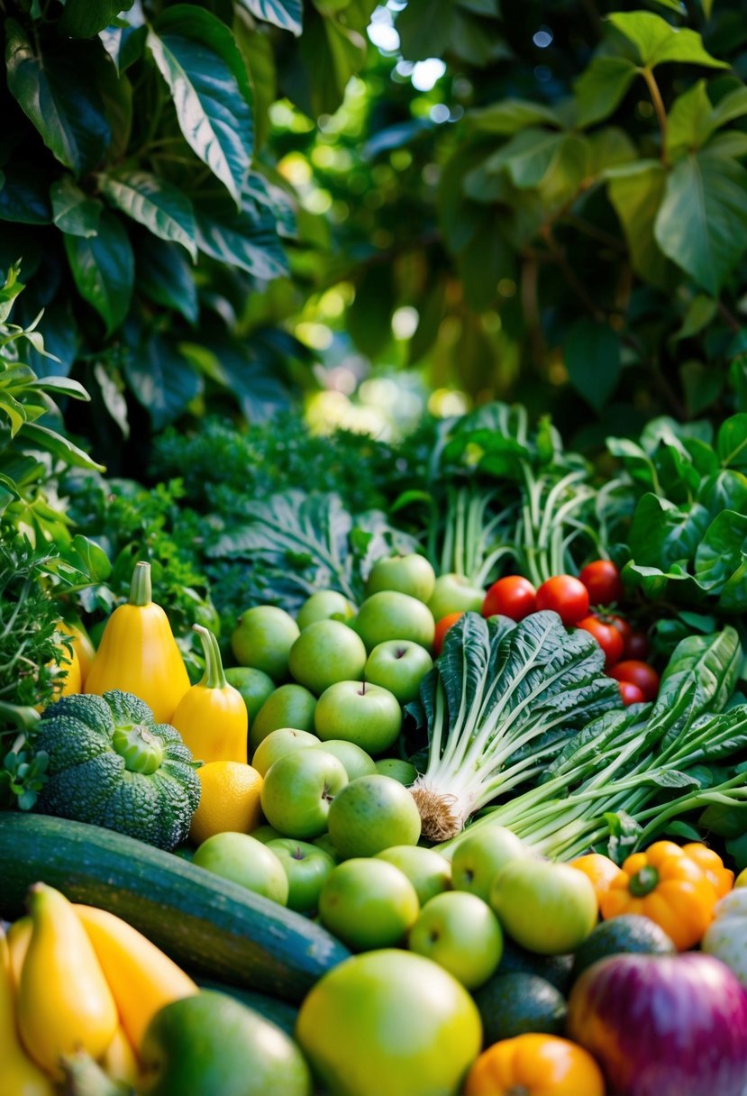 A vibrant array of fresh green fruits and vegetables, surrounded by lush foliage and natural elements