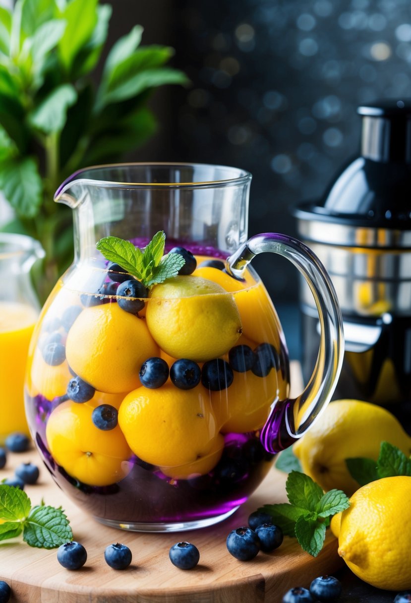 A glass pitcher filled with vibrant yellow and purple berries, lemons, and a sprig of mint, surrounded by fresh ingredients and a juicer