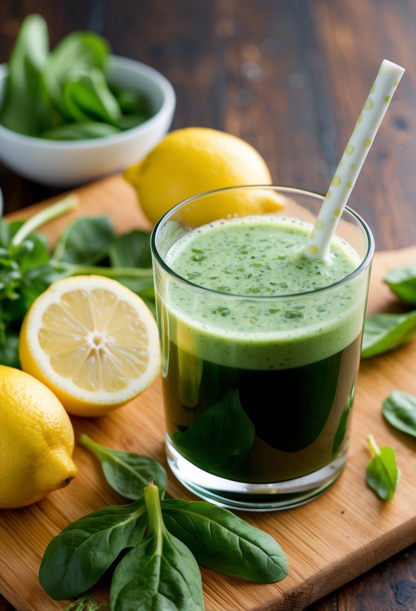 A glass of lemon and spinach juice surrounded by fresh ingredients on a wooden cutting board