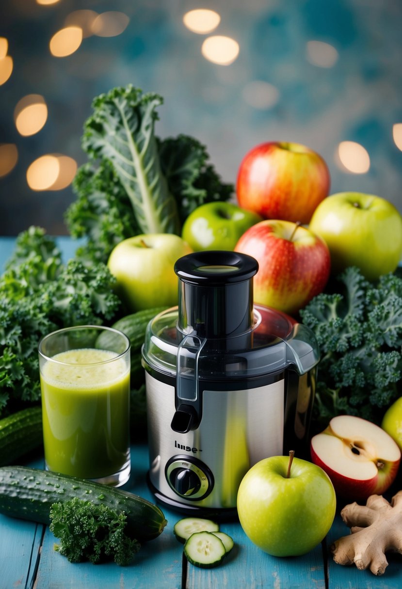 A colorful array of kale, cucumber, apple, and ginger arranged around a juicer, with a glass of vibrant green juice