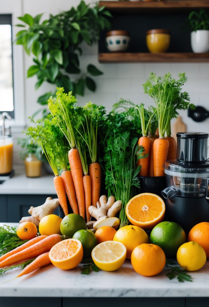 A colorful array of fresh carrots, ginger, and citrus fruits arranged on a kitchen counter, surrounded by juicing equipment and vibrant green leaves