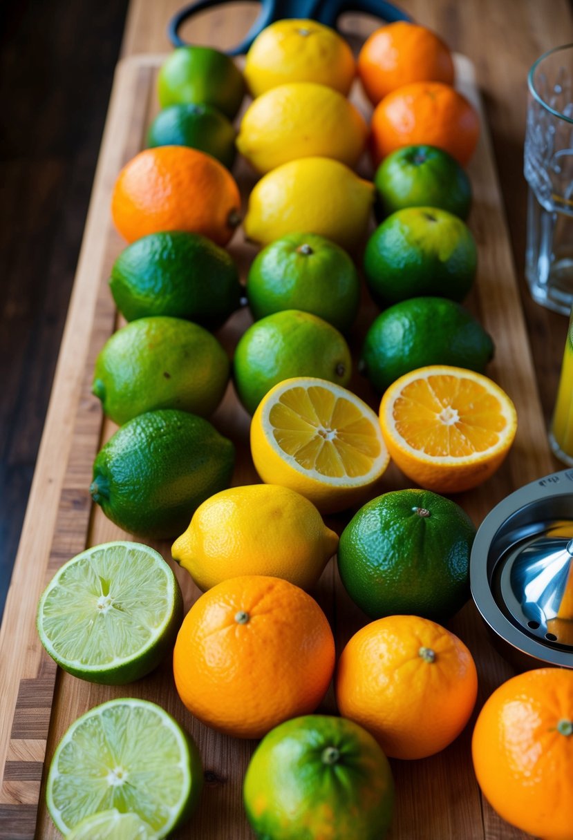 A vibrant array of citrus fruits, including lemons, limes, and oranges, arranged on a wooden cutting board with a juicer and glass nearby