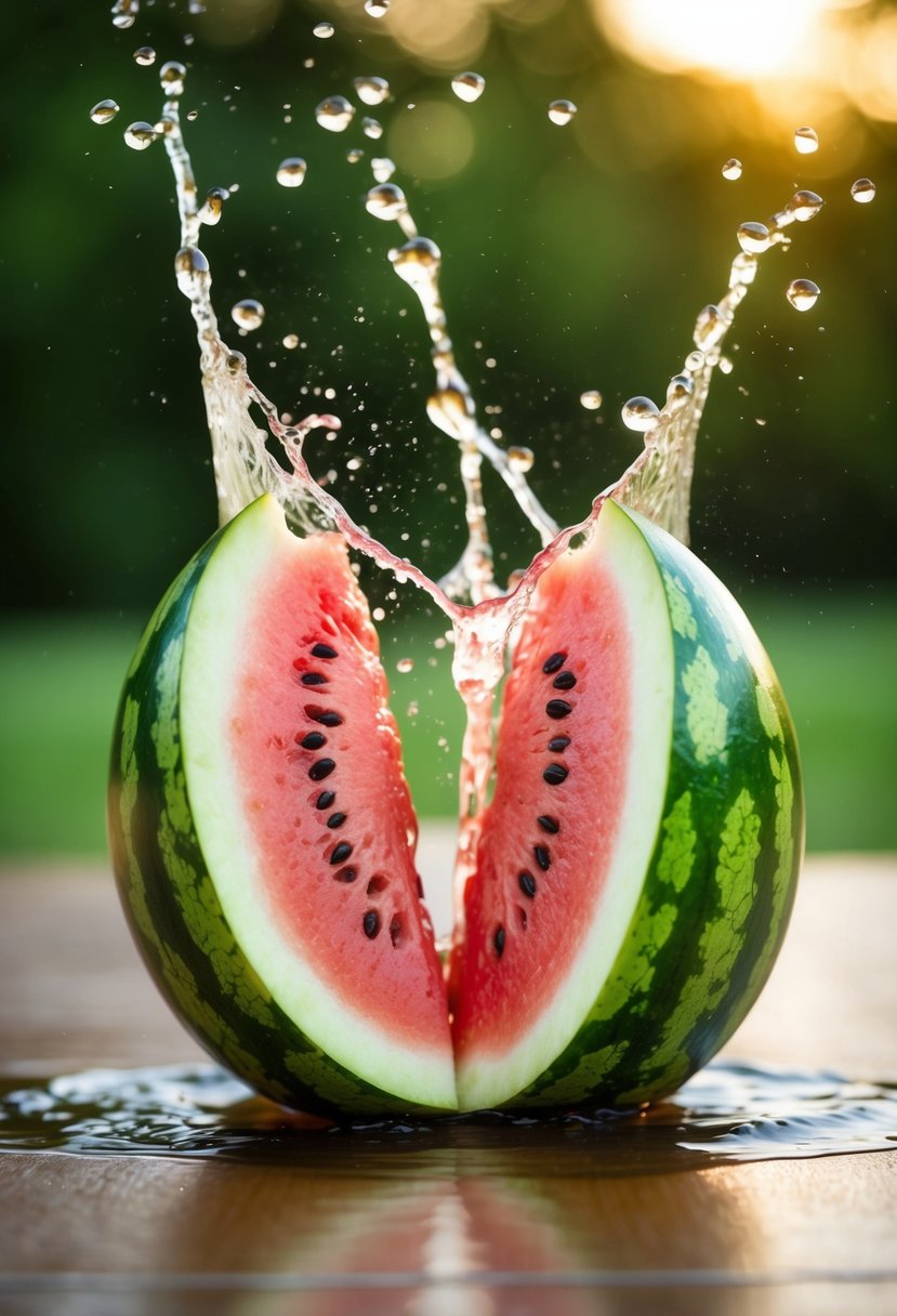 A ripe watermelon splitting open, splashing juice and seeds in all directions