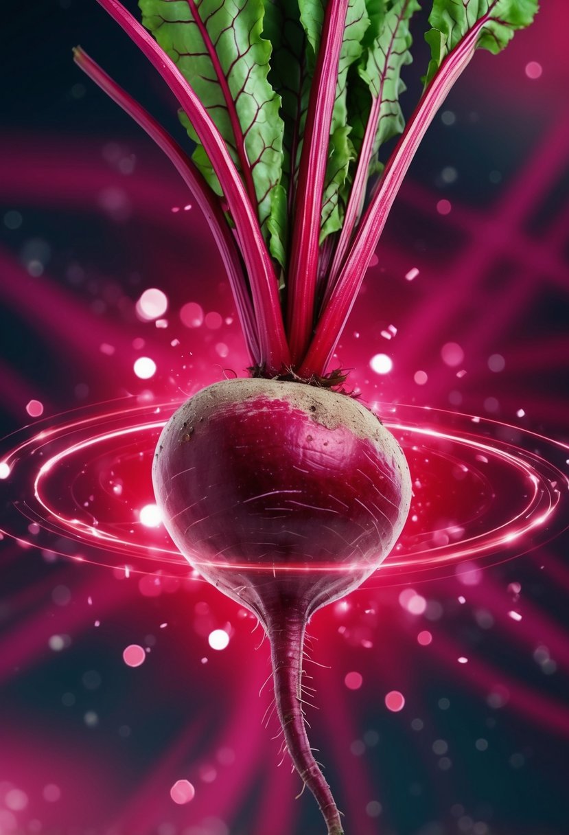 A vibrant beetroot surrounded by swirling energy particles