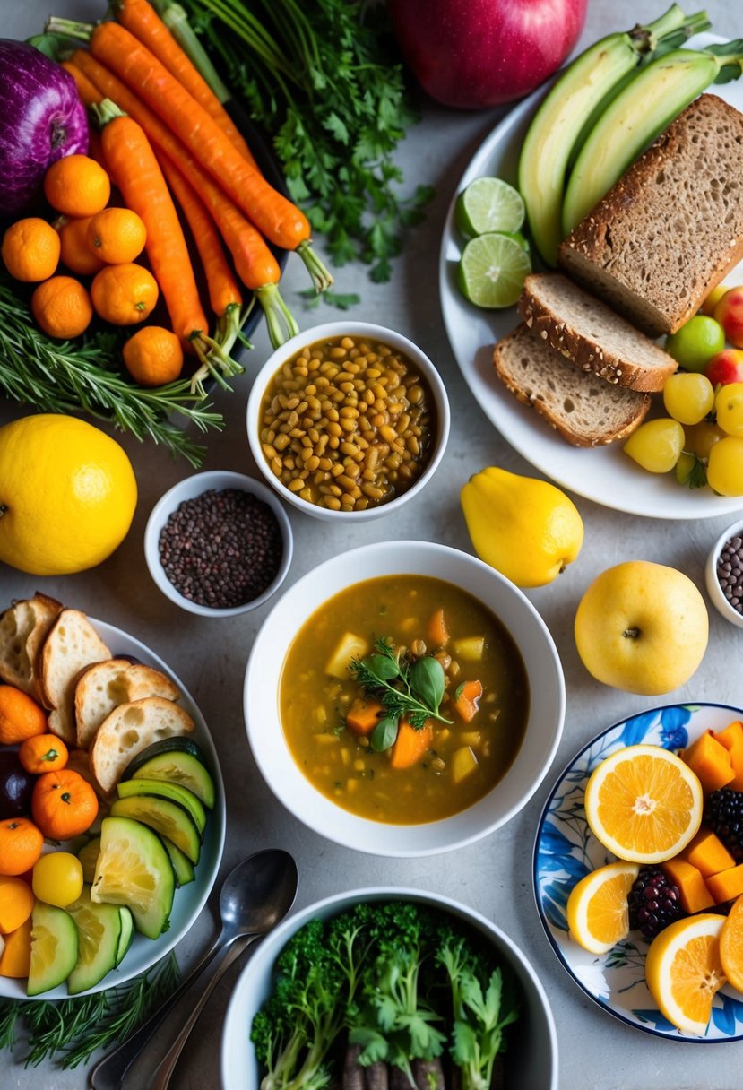 A table set with a colorful array of fiber-rich foods: roasted vegetables, whole grain bread, lentil soup, and a variety of fresh fruits