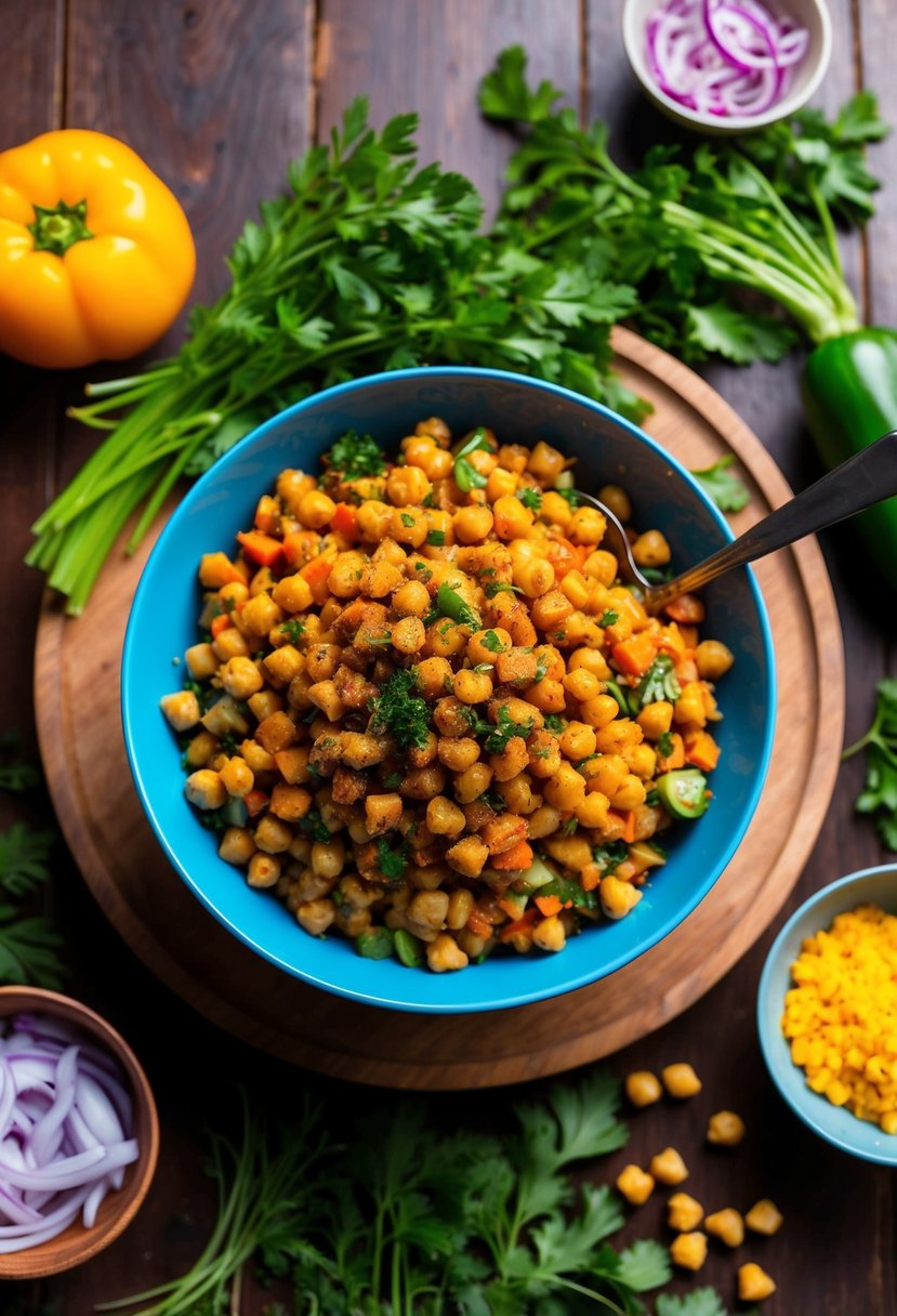 A vibrant bowl of spiced chickpea salad surrounded by colorful vegetables and herbs on a wooden table