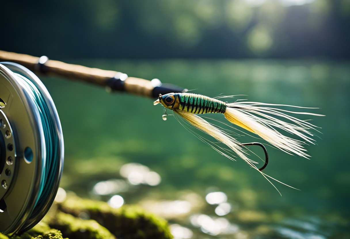 A fly fishing line extends from a reel, connecting to backing and a leader. The line floats on the water's surface, ready for casting