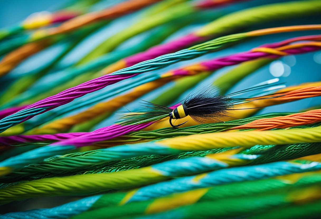 A colorful fly line floats on the water's surface, with a leader and backing line attached. The line is designed for fly fishing, with specific considerations for different species