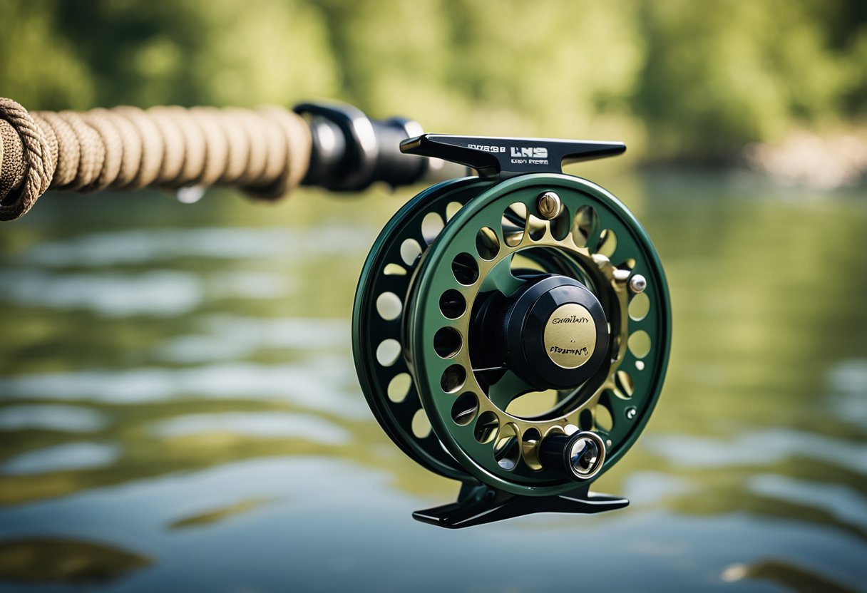 A fly fishing reel with braided backing line attached, set against a backdrop of a tranquil river or lake