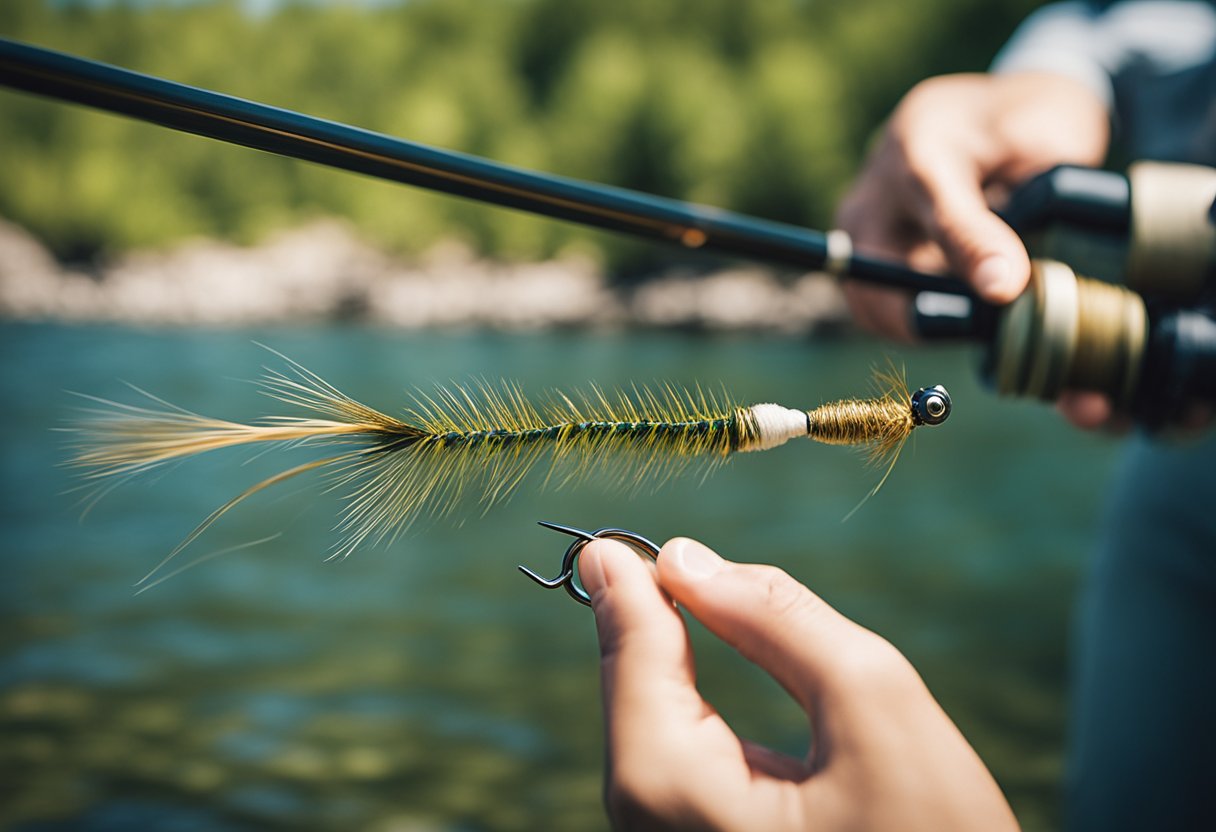 A fly fishing line being spooled onto a reel, with the backdrop of a serene freshwater or saltwater setting