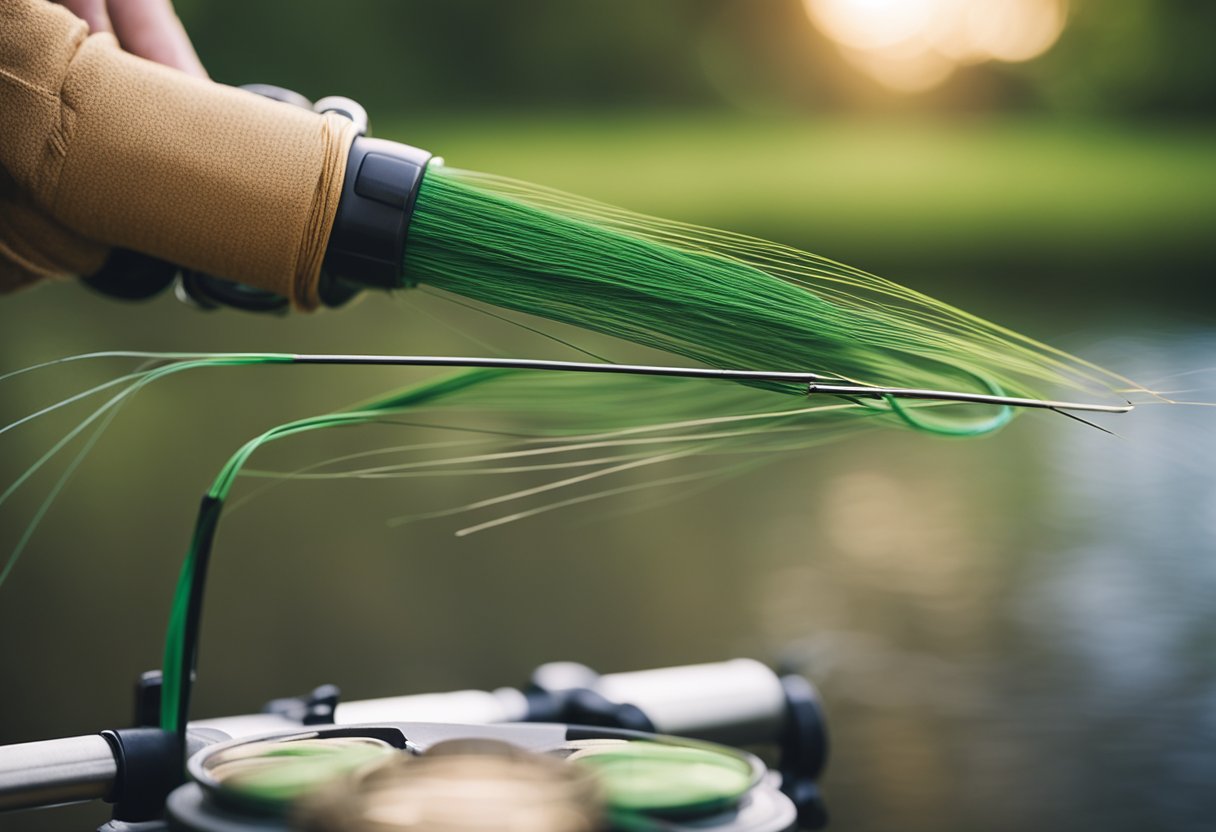 A fly fishing line being spooled onto a reel, with vibrant backing line material in the background