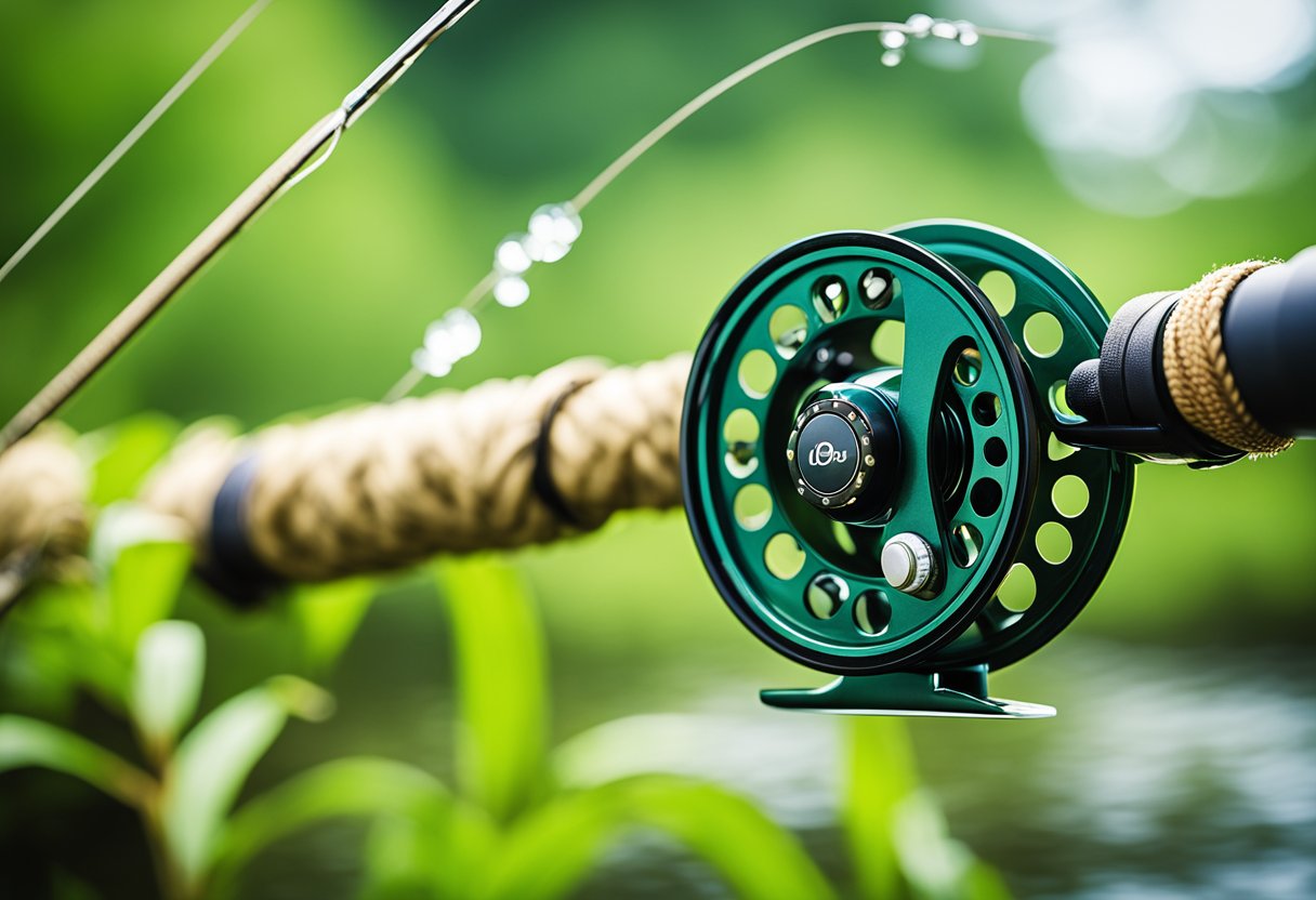 A fly fishing reel spooled with vibrant, weight-forward fly line against a backdrop of clear, flowing water and lush, green vegetation