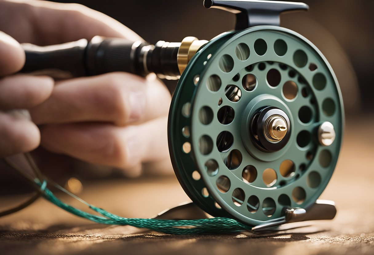 A fly reel being spooled with backing, followed by fly fishing line being carefully wound onto the reel