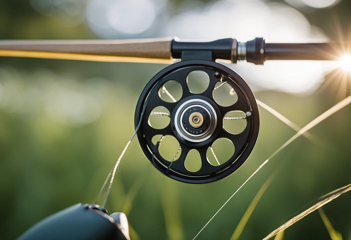 A fly reel being spooled with backing, then fly line being carefully threaded through the guides of a fly rod