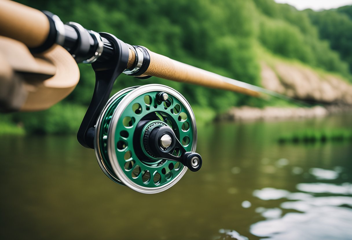 A fly fishing reel being spooled with backing line against a backdrop of a serene river and lush greenery