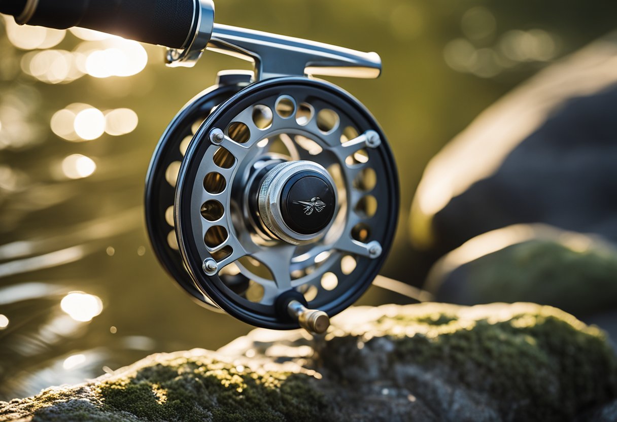 A fly fishing reel being spooled with backing line on a sunny riverbank