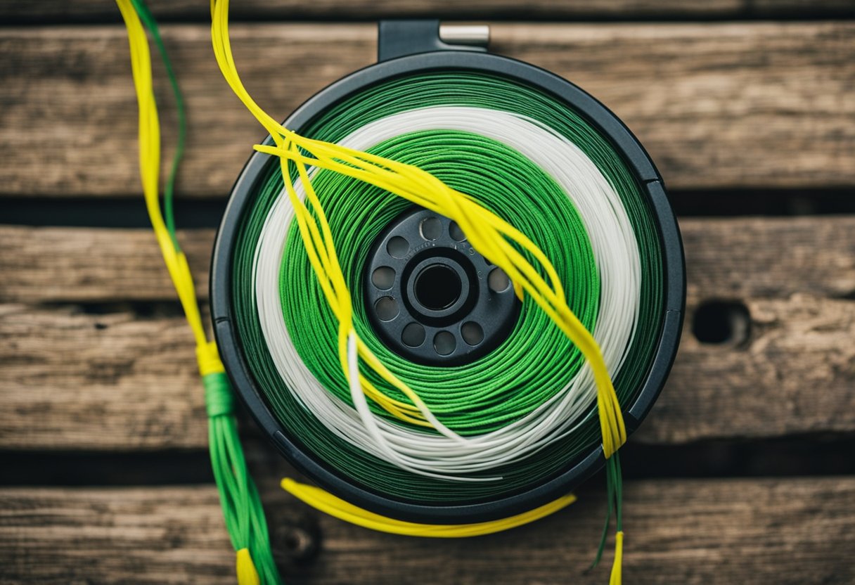 A fly fishing line is being carefully tied to a reel with a strong knot, ready for use in catching trout