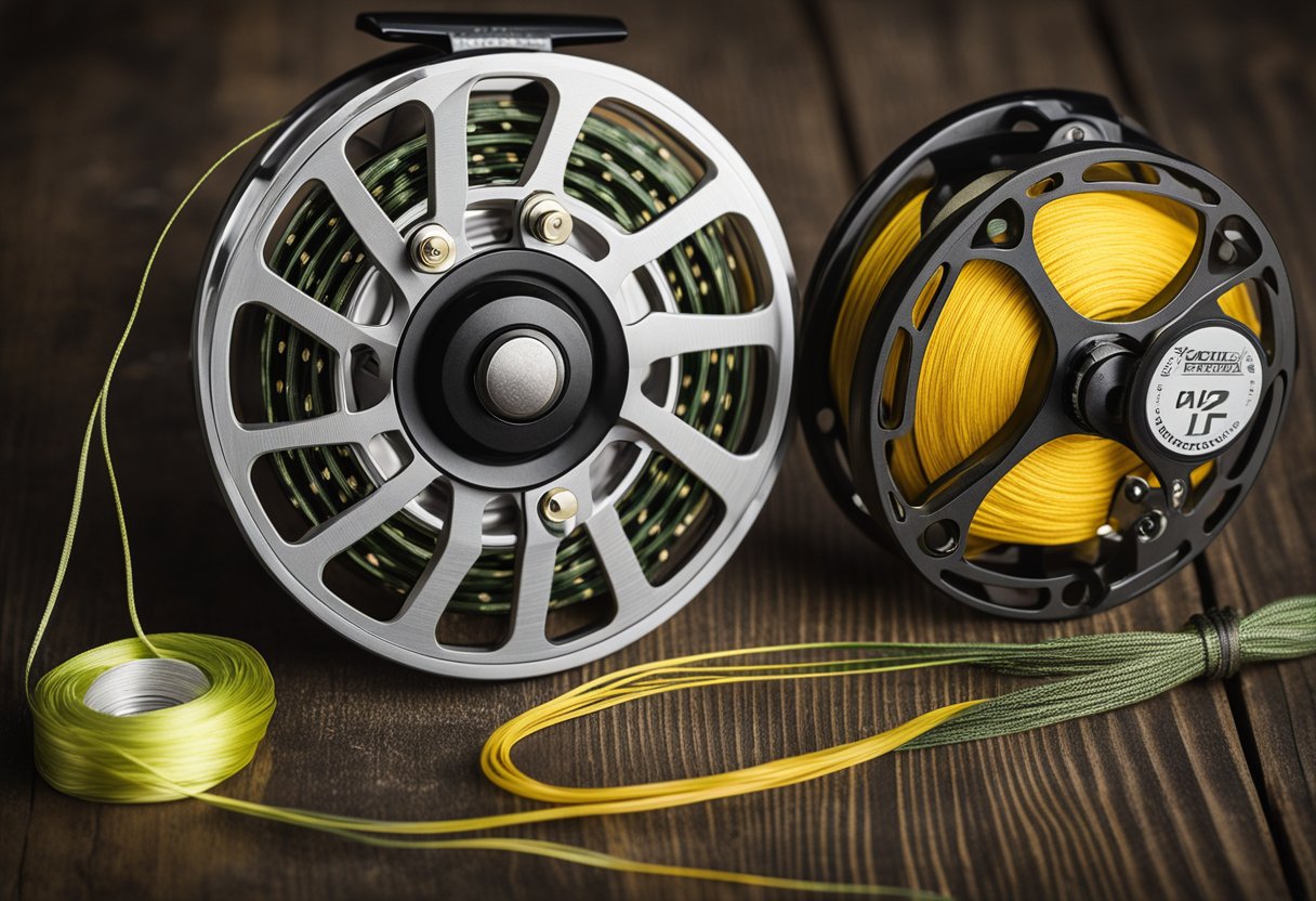 A fly fishing reel with a spool of backing line attached, surrounded by various brands of fly fishing backing line packages