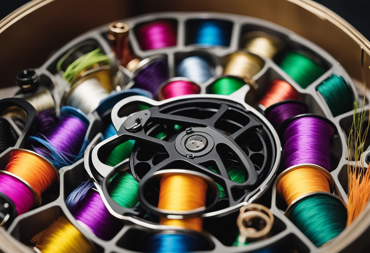 A fly fishing reel spooled with vibrant fly line, surrounded by various spools of backing line in a well-organized tackle box