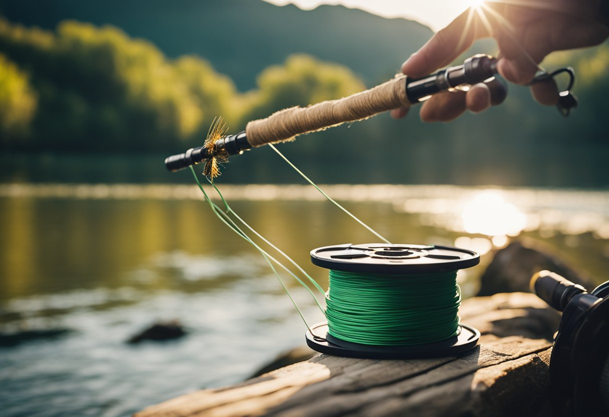 A fly fishing line being spooled onto a reel, with the backing line visible underneath, against a backdrop of a serene river