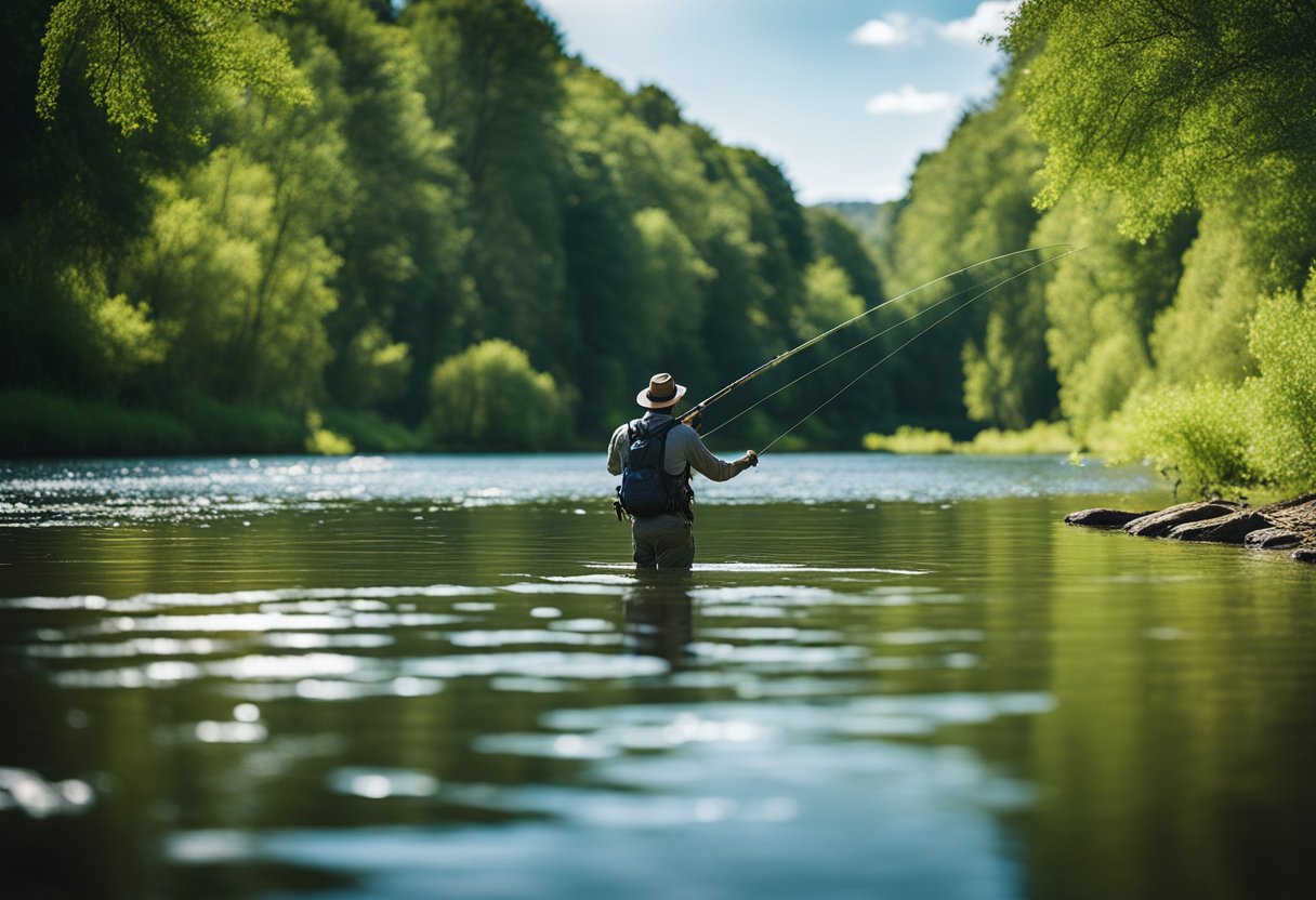 A tranquil river with a fly fishing rod and line being cast into the water, surrounded by lush green trees and clear blue skies