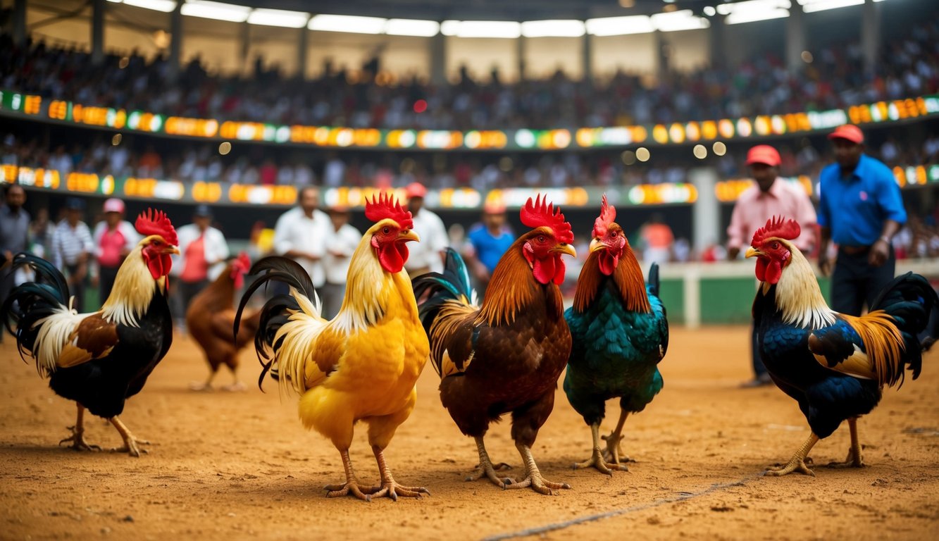 Sebuah arena sabung ayam yang ramai dengan berbagai ayam jantan yang berwarna-warni dan hidup, dikelilingi oleh penonton dan bandar taruhan yang antusias