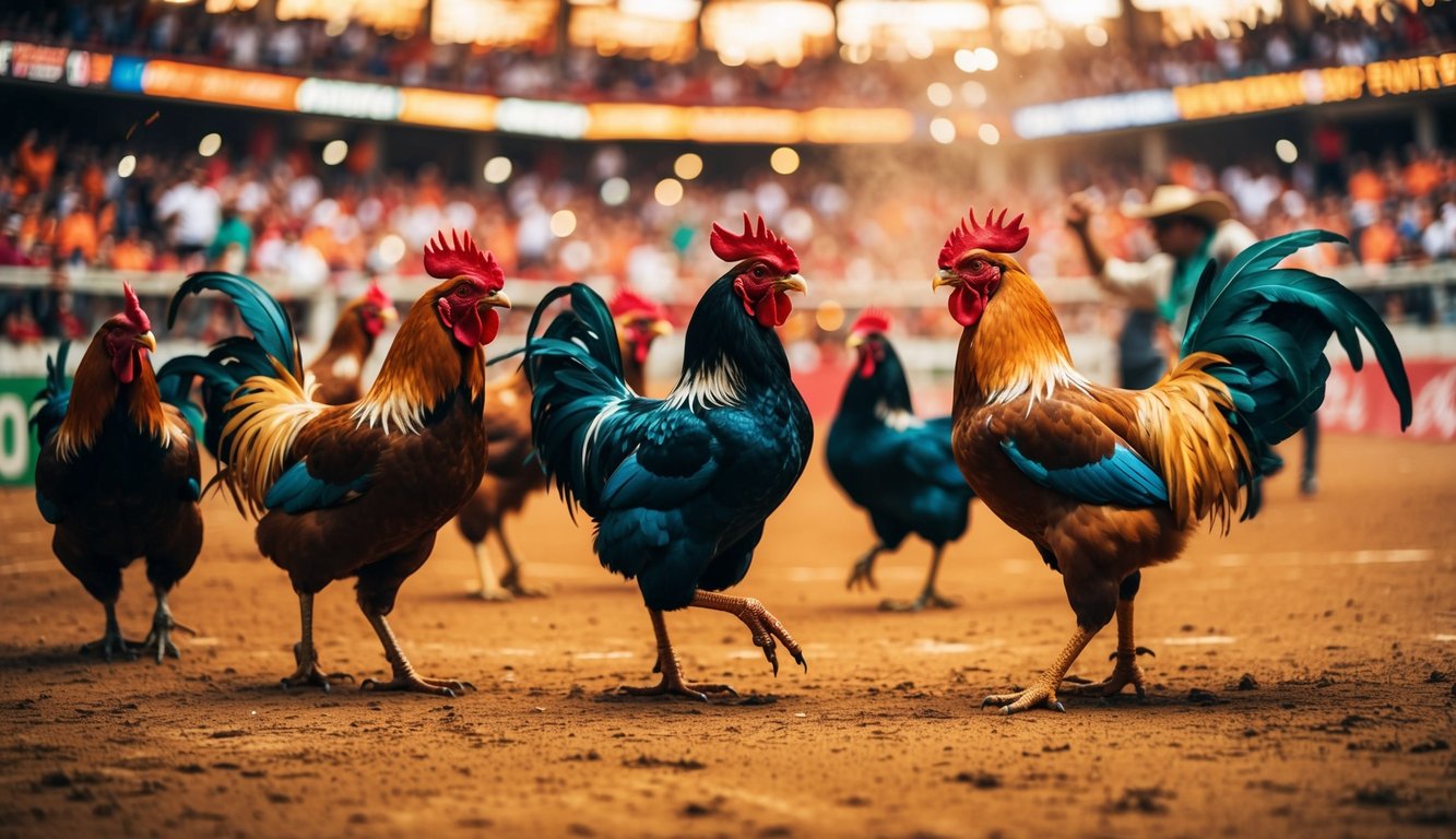 Sebuah arena sabung ayam yang ramai dan penuh semangat dengan penonton yang bersorak dan ayam jantan berwarna-warni di tengah pertandingan yang intens