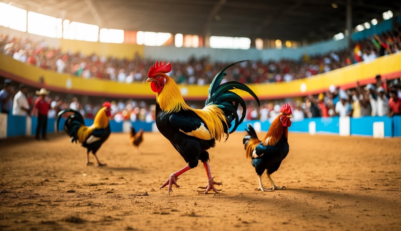 Sebuah arena sabung ayam yang meriah dengan penonton yang bersorak dan ayam jantan berwarna-warni yang sedang bertanding