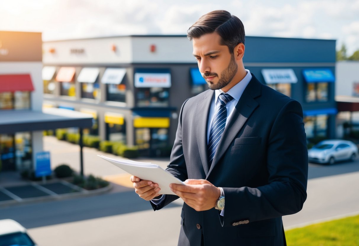 A commercial building with multiple businesses, surrounded by other commercial properties. A real estate appraiser examining the property with a focused expression