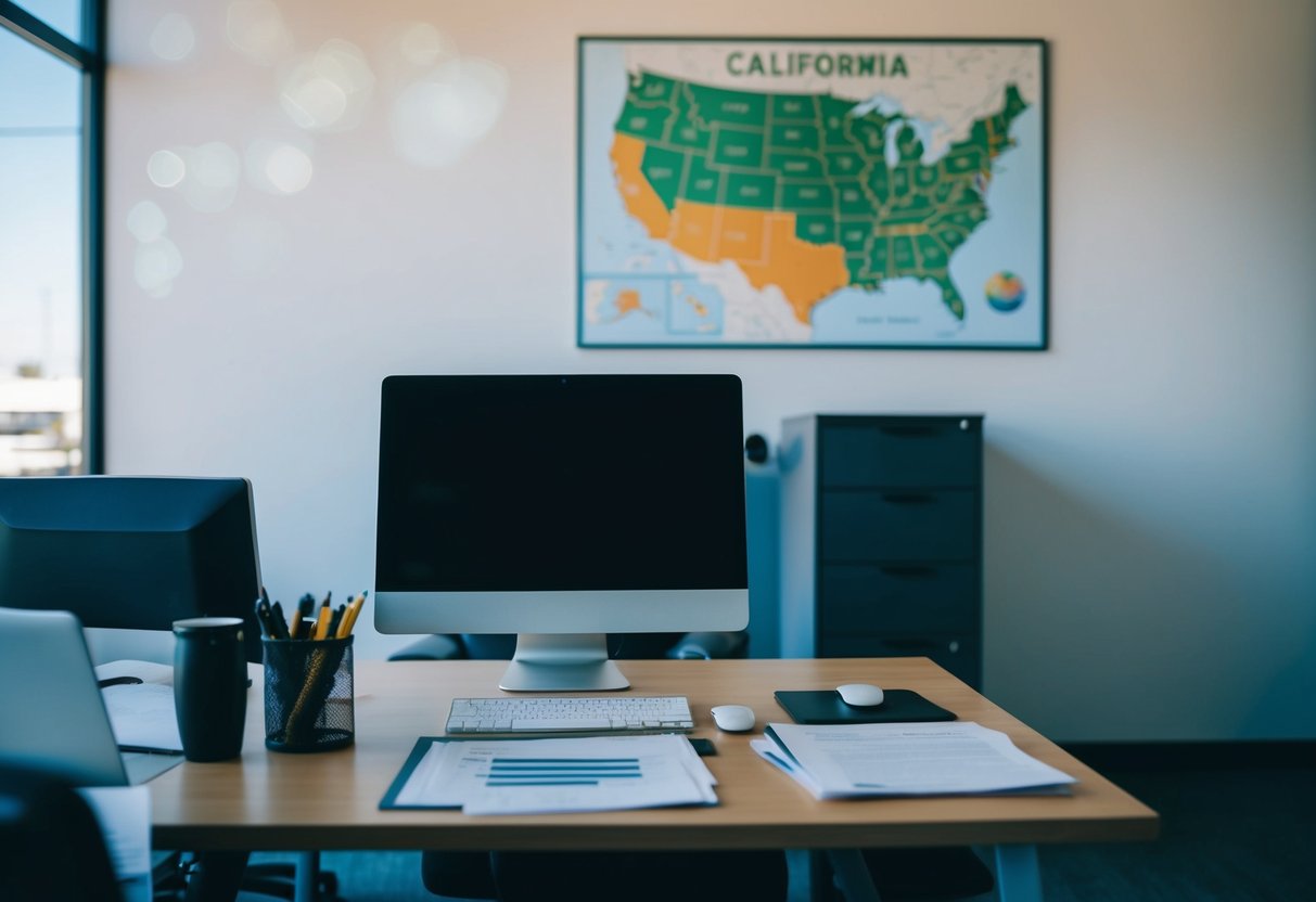 An office desk with a computer, paperwork, and a California map on the wall