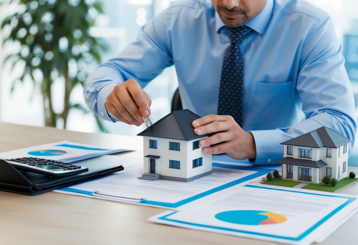 An appraiser examining a commercial property, surrounded by legal documents and a scale model of the building