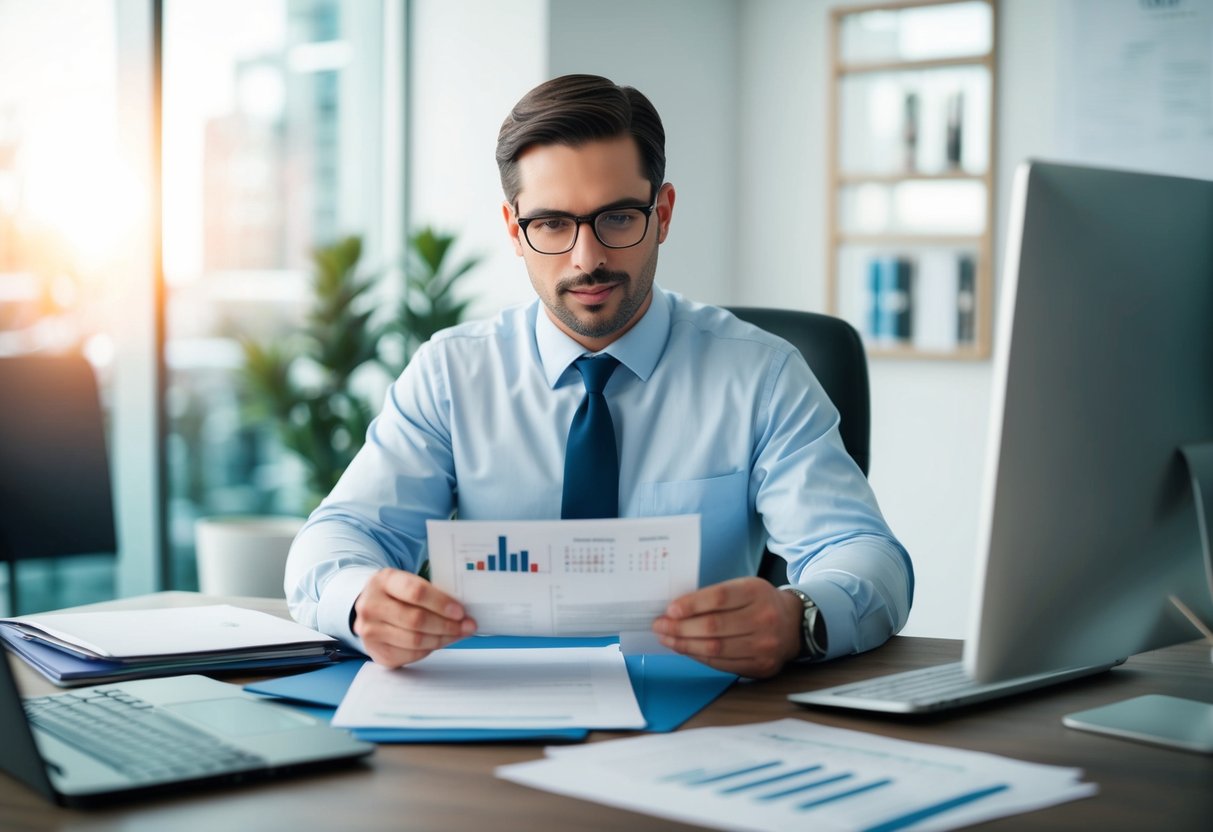A commercial real estate appraiser reviewing and updating their professional development records, surrounded by documents and a computer