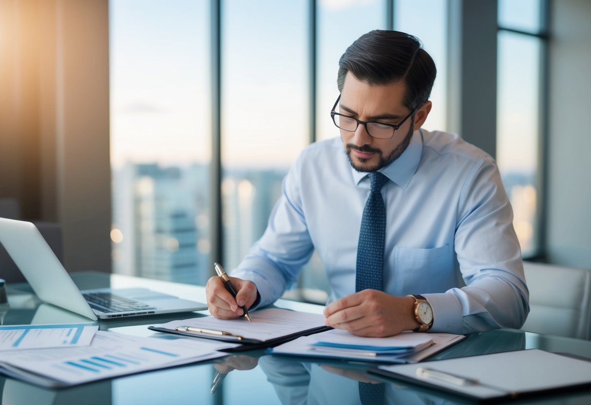 A commercial real estate appraiser carefully examining property documents and financial records, ensuring full disclosure and ethical obligations are met
