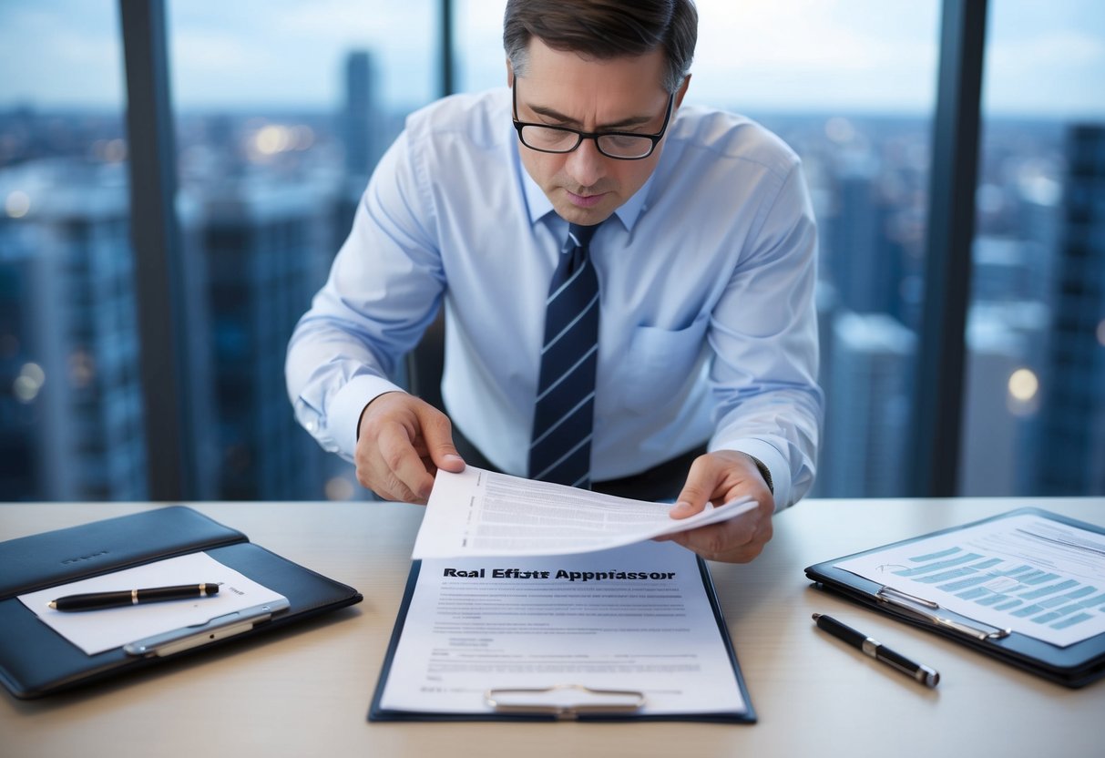 A real estate appraiser carefully reviewing a document filled with disclosure requirements and ethical considerations, surrounded by a regulatory framework