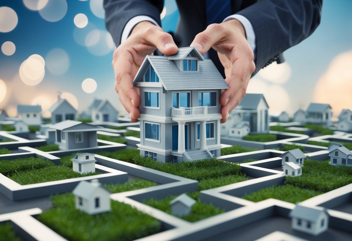 A commercial real estate appraiser carefully navigating a maze of interconnected pathways, juggling various property valuations and potential conflicts of interest